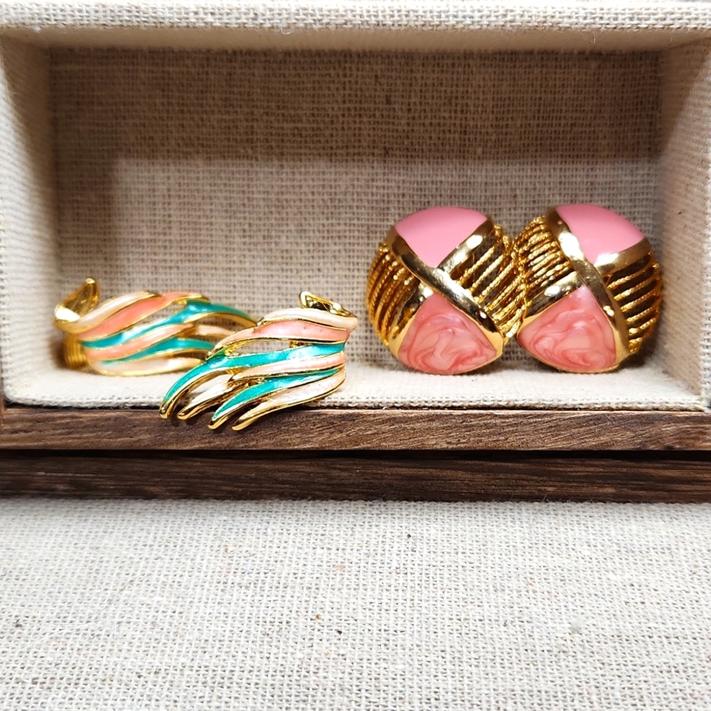 2 Sets Pink Clip-On Enameled Earrings